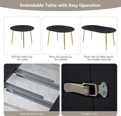70” Extendable Round Dining Table for 4 6 Modern Oval Dining Room Table Expandable Large Dinner Table for Kitchen Faux Marble Top Gold Metal Leg Black