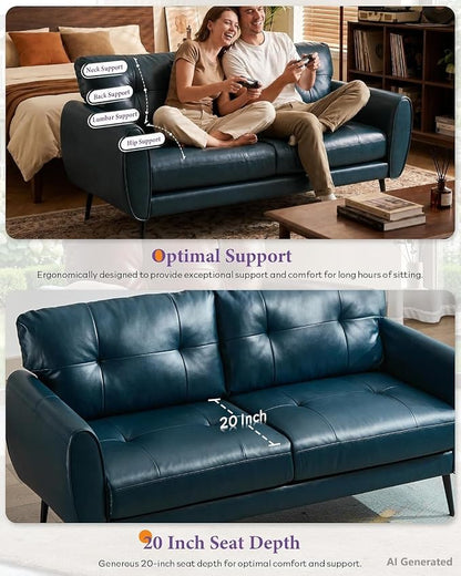 TYBOATLE Sofa Couch 61" Small Loveseat Couches for Living Room Blue Leather Couch Mid Century Modern Tufted Mini Sofa Comfy Office 2 Seat Settee Love Seat for Small Spaces Bedroom