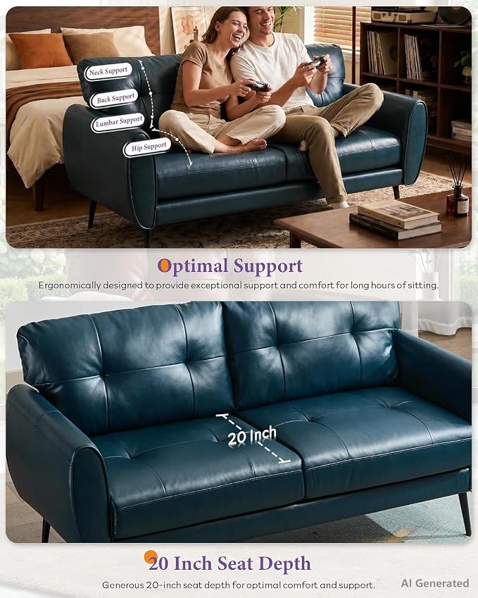 TYBOATLE Sofa Couch 61" Small Loveseat Couches for Living Room Leather Couch Mid Century Modern Tufted Mini Sofa Comfy Office 2 Seat Settee Love Seat Small Couches for Spaces Bedroom (2, Blue)