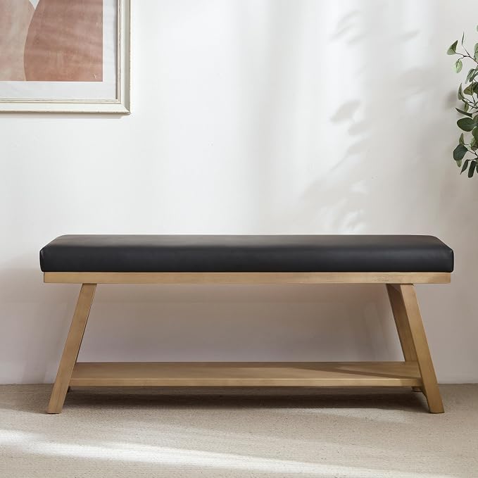 Zihanhome 45" Entryway Bench Upholstered Storage Bench for Bedroom Shoe Rack Bench for Living Room, Hallway, Mudroom, Balcony, Sturdy Indoor Bench Seat Holds Up to 300 lbs (PU-Black)