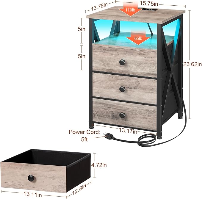 AMHANCIBLE Nightstands Set of 2, LED Night Stand with Charging Station, End Side Tables with USB Port & Outlet, Bedside Table with 3 Fabric Drawers for Bedroom, Greige, HET053LGY