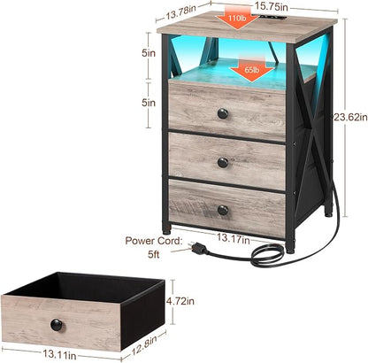 AMHANCIBLE Nightstands Set of 2, LED Night Stand with Charging Station, End Side Tables with USB Port & Outlet, Bedside Table with 3 Fabric Drawers for Bedroom, Greige, HET053LGY