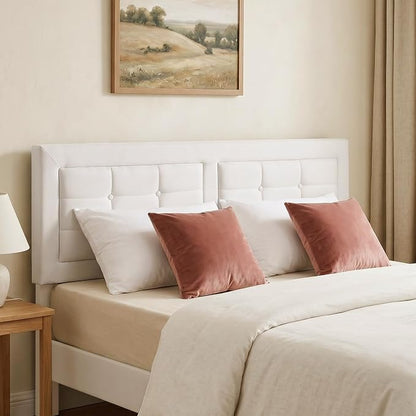 VECELO Queen Size Bed Frame, Adjustable Upholstered Button Tufted Headboard, Heavy-Duty Bedframe with Wood Slats Support, No Box Spring Needed, Linen & White