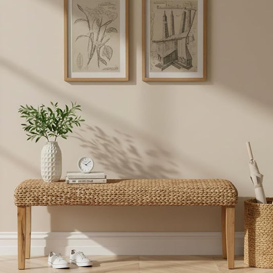 Solid Wood Acacia Indoor Bench with Natural Woven Seat, 47 Inch Wood Bench for Living Room or Entryway Bench, Bedroom End of Bed Bench or Dining Benches, Window Bench (Fishbone, Water Hyacinth)