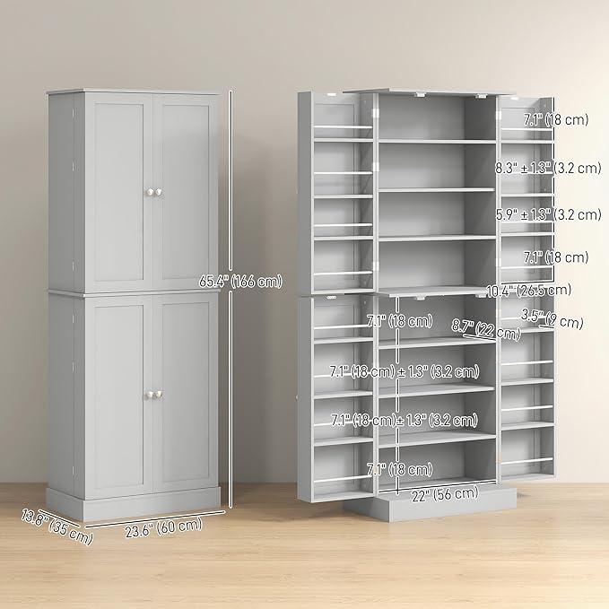 HOMCOM 65" Kitchen Pantry Storage Cabinet, Freestanding Kitchen Cabinet with 16 Door Shelves, Double Doors, 8-Tier Shelving and Adjustable Shelves, Gray