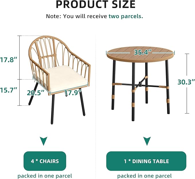 YITAHOME Patio Dining Set with Umbrella Hole for 4, Wicker 5pcs Outdoor Dining Set, Rattan Patio Dining Furniture Sets, Outdoor Table and Chairs Set for Patio Backyard Balcony Garden