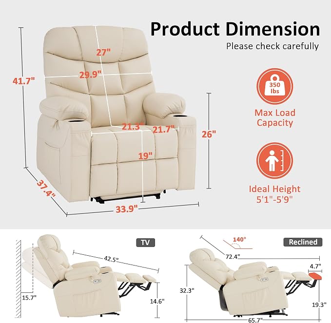 MCombo Power Lift Recliner Chair for Elderly, Electric Lift Chair with Extended Footrest, USB Ports, Cup Holders, Faux Leather 7287 (Cream White, Medium)