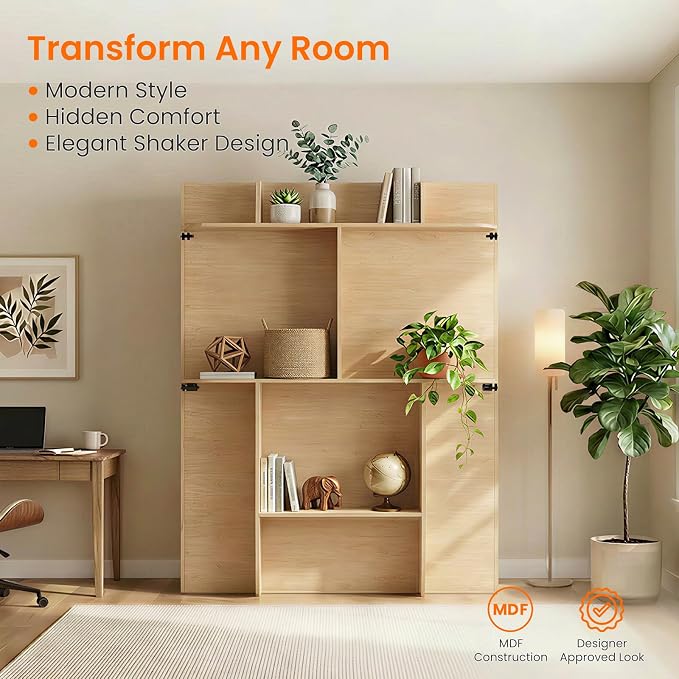 CECER Vertical Murphy Bed Queen，Save Space for Offices/Guest-Natural Wood | Multi-Functional Queen Murphy Cabinet Beds with Storage Shelf/Bookshelf，Sturdy frame ＆ Easy Assemble