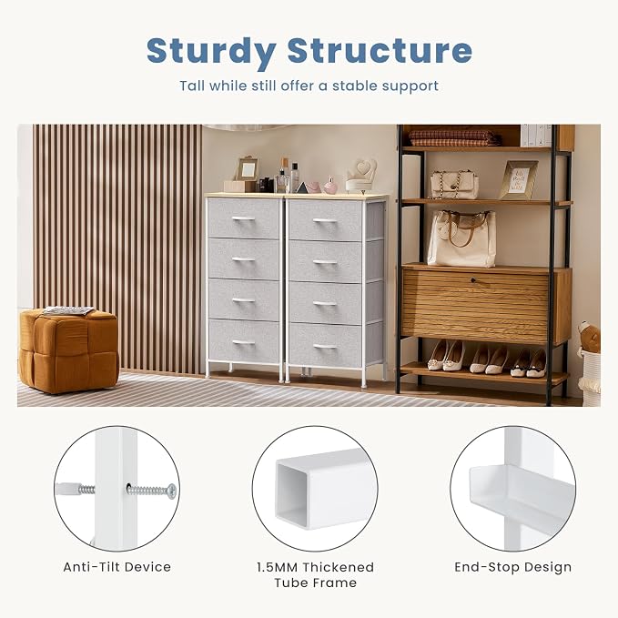 DUMOS Nightstand with 4 Drawers Bedside Table with Removable Fabric Bins Sturdy Steel Frame Wood Top Organizer Grey Nightstand for Bedroom Closet Living Room,Light Gray