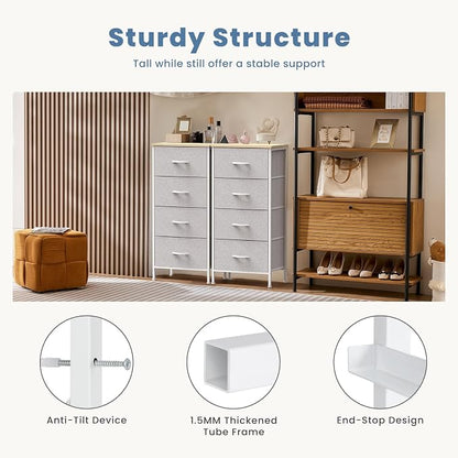 DUMOS Nightstand with 4 Drawers Bedside Table with Removable Fabric Bins Sturdy Steel Frame Wood Top Organizer Grey Nightstand for Bedroom Closet Living Room,Light Gray