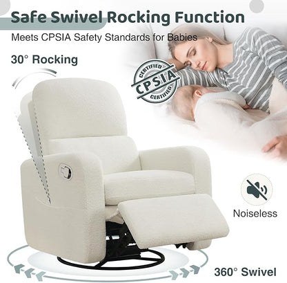 Swivel Rocker Recliner, Oversized Boucle Glider Recliner Nursery, Teddy Manual Swivel Rocking Reclining Chairs with Removable Cushion and Lumbar Support for Nursery Living Room Bedroom, White