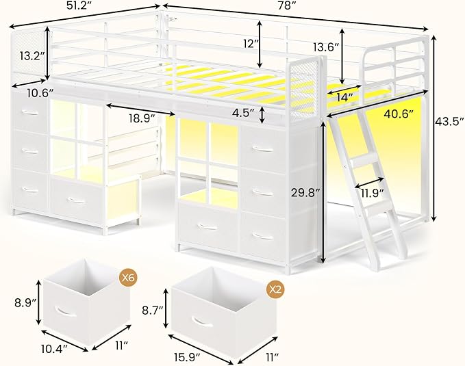 BTHFST Low Bunk Bed Twin Over Twin with 8 Fabric Drawers & Bookshelf, Twin Bunk Beds with RGB LED Lights, Windows, Metal Bunk Beds for Kids with Slanted Ladder & Safety Guardrails, Space Saving, White