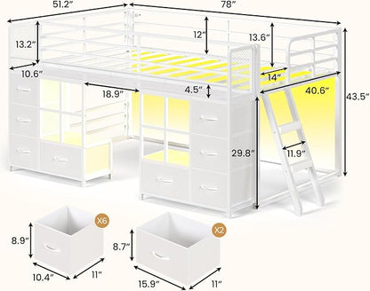 BTHFST Low Bunk Bed Twin Over Twin with 8 Fabric Drawers & Bookshelf, Twin Bunk Beds with RGB LED Lights, Windows, Metal Bunk Beds for Kids with Slanted Ladder & Safety Guardrails, Space Saving, White