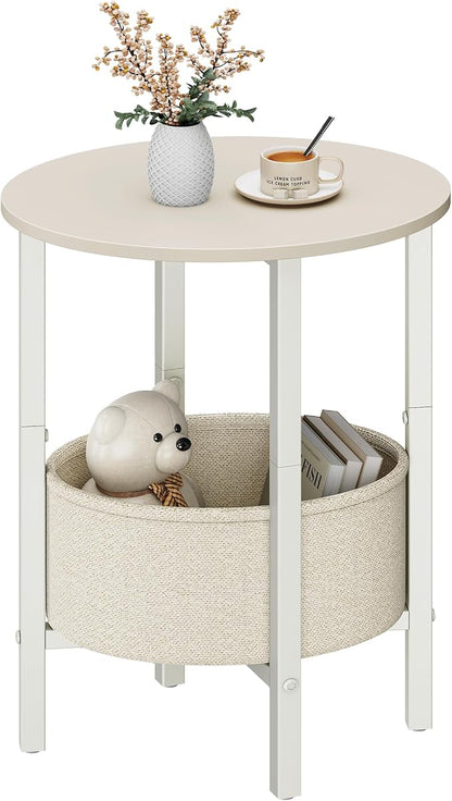 Vagusicc Round Side Table End Table with Storage Basket, Small Side Table Round Nightstand for Small Spaces, Tall Oval End Table with Steel Frame, Coffee Bedside Table for Living Room, Begie