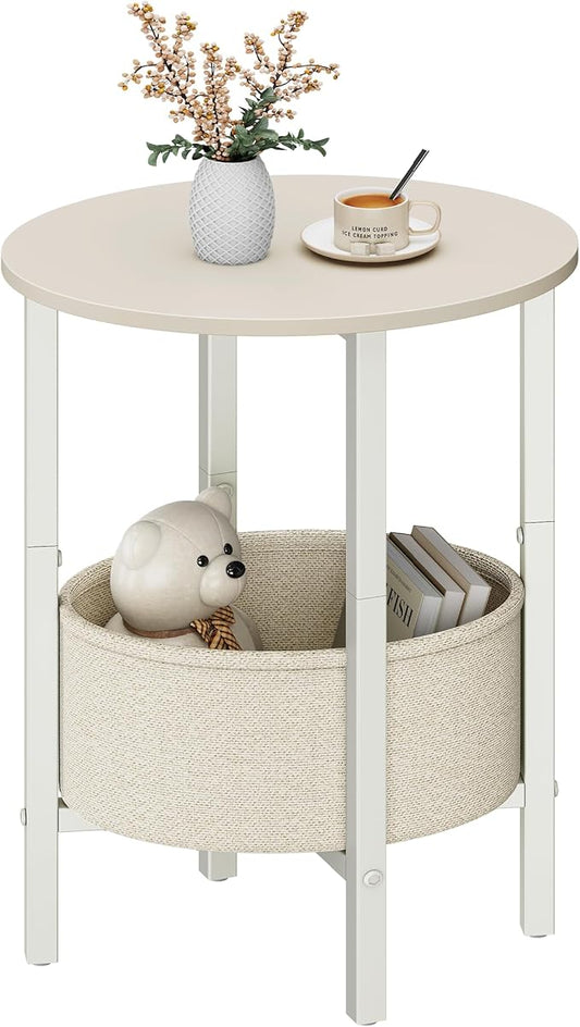 Vagusicc Round Side Table End Table with Storage Basket, Small Side Table Round Nightstand for Small Spaces, Tall Oval End Table with Steel Frame, Coffee Bedside Table for Living Room, Begie