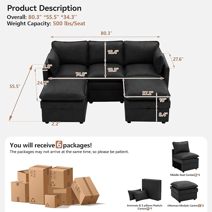 80" Black Faux Leather Storage 3 Seater Sofa with 2 Ottomans, Comfy Couch | Convertible Modular Sectional Sofa, U Shaped Oversized Couch, Upholstered Large Cloud Couch For Living Room, Apartment.