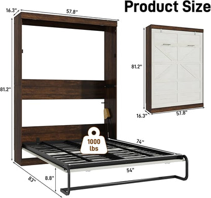 Hlivelood Full Size Murphy Bed with 2 LED Lights, Farmhouse Wood Hidden Foldable Wall Bed Frame w/Gas Struts, Storage Bed Cabinet for Bedroom, Office, Space-Saving, No Box Spring Needed, Rustic White