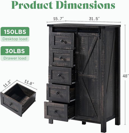 AMERLIFE 3-Piece Farmhouse Bedroom Set, King Size Bed with Sliding Barn Doors & Bookcase Headboard, 5-Drawer Tall Dresser, 4-Drawer Wide Dresser, Black Oak