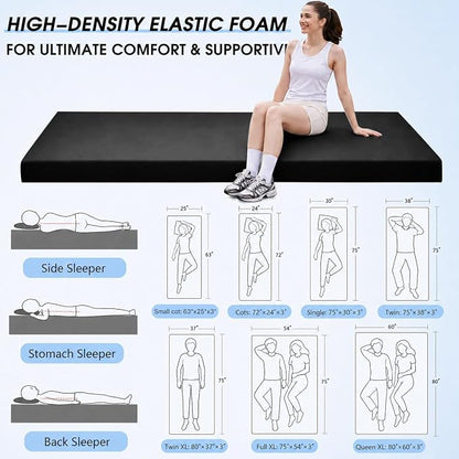 CYMULA 3 Inch Memory Foam Camping Pad, Camping Essentials Roll Up Floor Mat for Car Camping, Cot, Tent, Truck, Travel and Guest Use, Non-Slip Waterproof Bottom, Removable Cover