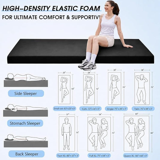 CYMULA 3 Inch Memory Foam Camping Pad, Camping Essentials Roll Up Floor Mat for Car Camping, Cot, Tent, Truck, Travel and Guest Use, Non-Slip Waterproof Bottom, Removable Cover