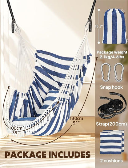 Chihee Hammock Chair Hanging Swing 2 Pillows Included,Strong Webbing Straps and Hooks for Easy Hanging Soft Cotton Hanging Chair Side Pocket Tassel Chair Comfort Indoor Outdoor Blue White