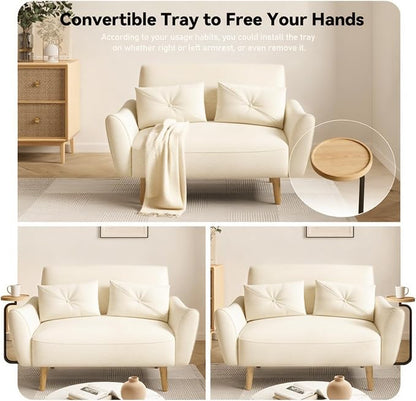 Brelice Loveseat Sofa, 47" Velvet Couch for Bedroom, Convertible Wooden Tray & Ergonomic Armrest, for Small Space, Apartment, Living Room, Home Office, Easy Assembly, Beige