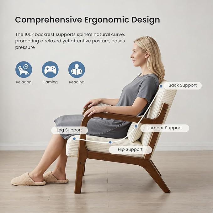 DUMOS Mid Century Modern Accent Chair, Upholstered Armchair with Lumbar Pillow and Solid Wood Frame, Comfy Reading Chair for Small Living Room, Bedroom, Guest Room, Beige