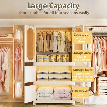 Foldable Storage Cabinet with 2 Storage Bins, 3-Tier Portable Closet Organizer with Doors, Modular Folding Armoire with Wheels for Nursery Room Organization, Clear