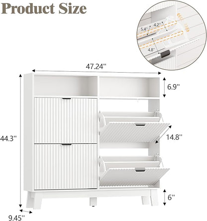 Shoe Cabinet Storage for Entryway with 4 Flip Drawers, Fluted Narrow Shoe Organizer with Wooden Legs & Top Cubby, Freestanding Slim Shoe Storage Hidden Shoe Rack for Front Door Entrance, White