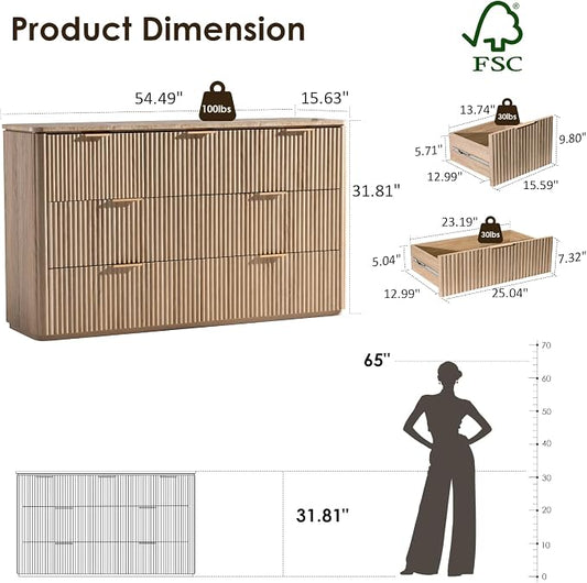 Dresser for Bedroom with 7 Drawers, 54"W Chest of Drawers, Fluted Dresser with Faux Marble Top, Curved Profile Design, Metal Handle, Wood Closet Storage Organizer for Living Room, Hallway, Natural Oak