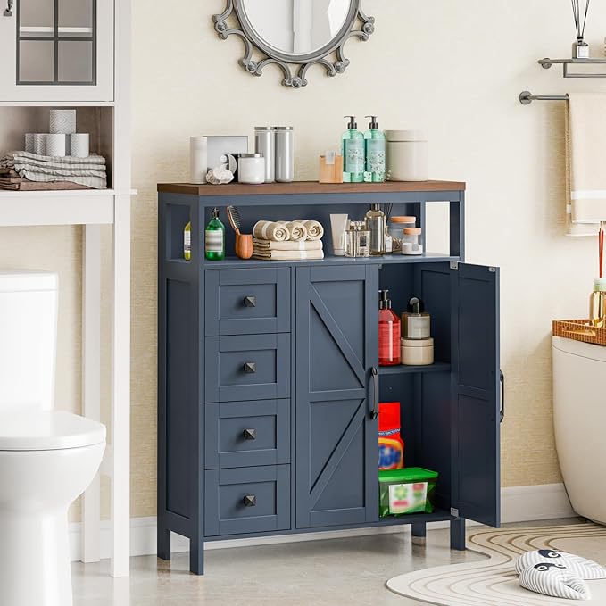 Vabches Farmhouse Storage Cabinet with 2 Doors and 4 Drawers, Freestanding Bathroom Compartment Kitchen Pantry Cabinet, Floor Cupboard for Kitchen/Living Room/Bathroom,Blue