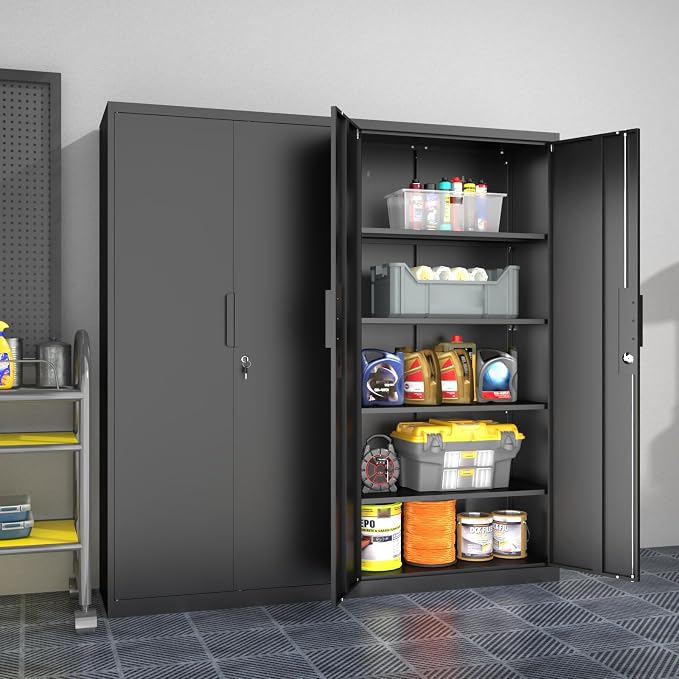 Metal Garage Storage Cabinet with Lock, 71" Tall Steel Storage Locker with 4 Adjustable Shelves, Heavy Duty Metal Cabinet for Garage, Office, Home, 31.5”W × 16.5”D, Black