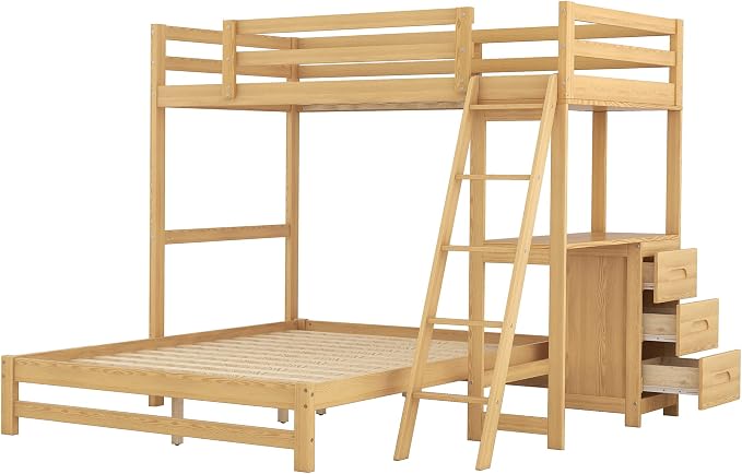 Ball & Cast Twin Over Full Bunk Bed with Safty Guardrail & Stair,Solid Wood Construction W/Built-in Desk & 3 Drawers,Can Divided Into 2 Bedframe,Easy Assembly,for Boy Girl Teen Adult Bedroom,Natural