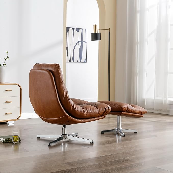 BESTANO Swivel Accent Chair with Ottoman, Mid Century Modern Faux Leather Lounge Chair with footrest, Comfy Oversized Armchair with 360 Degree Metal Base for Living Room Bedroom, Brown
