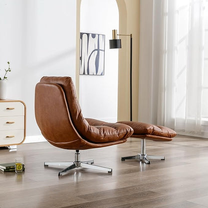 BESTANO Swivel Accent Chair with Ottoman, Mid Century Modern Faux Leather Lounge Chair with footrest, Comfy Oversized Armchair with 360 Degree Metal Base for Living Room Bedroom, Brown