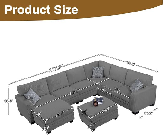 Legend Vansen Oversized Modular Sectional Sofa,8 Seat U Shaped Couch with Ottoman,Corduroy Sofa with Deep Seat,Convertible Large Sectional Couches for Living Room (Grey, U-8)