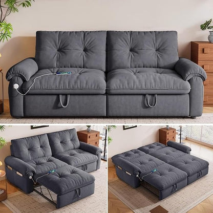 77.2'' Pull Out Couch Full Size, Pre-Assembled Sleeper Sofa Bed, Flannel Convertible Futon Sofa Bed with Adjustable Backrest, USB, Side Pockets, Loveseat for Living Room, Apartment, Dark Grey