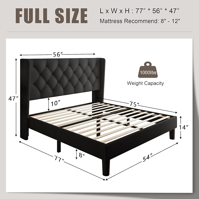 Einhomn Black Platform Bed Frame Full Size with Fabric Upholstered Wingback Headboard, 12" Under Bed Space, Wooden & Metal Slats Support, No Box Spring Needed