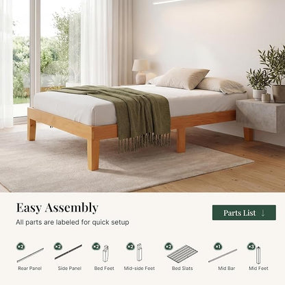 Sweetcrispy Twin Size Bed Frame 12 inch Heavy Duty Platform Bedframe, 500 lbs Capacity, Underbed Storage, No Box Spring Needed, Wooden Slats, Easy Assembly with Velcro, Honey Finish