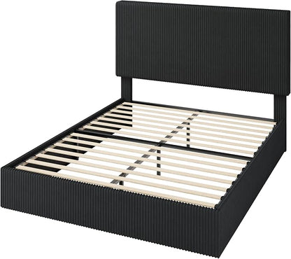 Allewie Full Bed Frame, Upholstered Platform Bed, Adjustable Vertical Channel Tufted Headboard, Corduroy Fabric, Modern Low Profile, Wooden Slats, No Box Spring Needed, Easy Assembly, Black