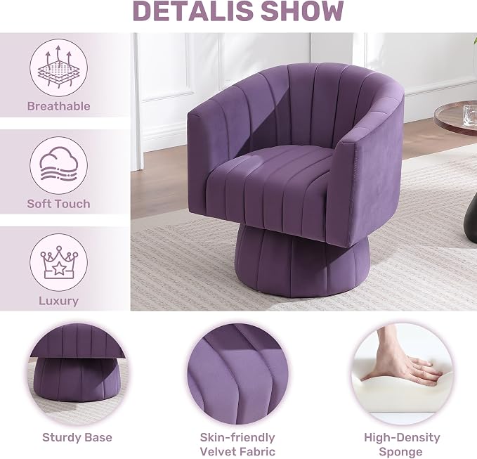 Swivel Accent Barrel Chair Set of 2, Cute Comfy Small Round 360° Arm Chair, Velvet Sofa Club Reading Chair for Living Room Bedroom Office Purple