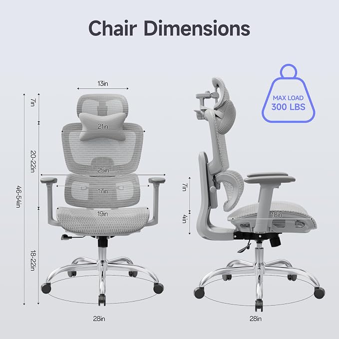 Ergonomic Office Chair with 3D Headrest, Computer Chair with Adjustable Backrest & 3D Armrest, Gaming Chair with Adaptive Lumbar Support, Mesh Backrest & Cushion, Grey