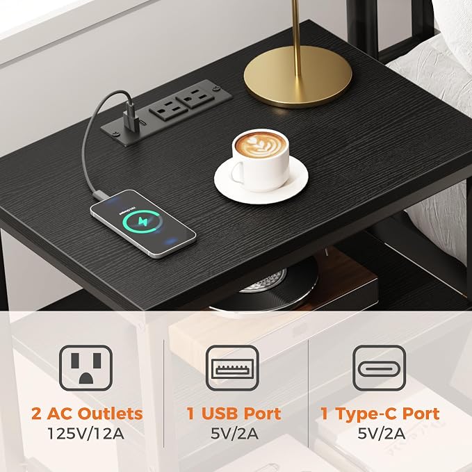 DUMOS Bedside Table with Charging Station and Adjustable Fabric Drawer Compact Nightstand 3-Tier Storage Organizer End Table for Bedroom,Black and Brown