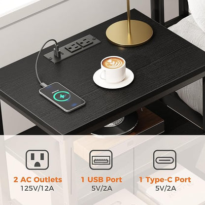 DUMOS Bedside Table with Charging Station and Adjustable Fabric Drawer Compact Nightstand 3-Tier Storage Organizer End Table for Bedroom,Black and Brown
