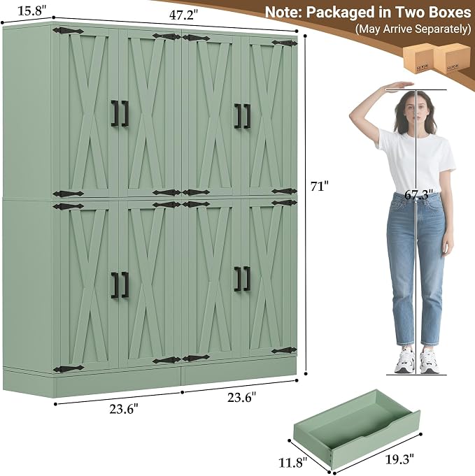 Unikito 71" Pantry Cabinet with Drawer, Farmhouse Barn Doors and Adjustable Shelves, Freestanding Storage Cabinet for Kitchen, Dining Room, Living Room, Utility Room
