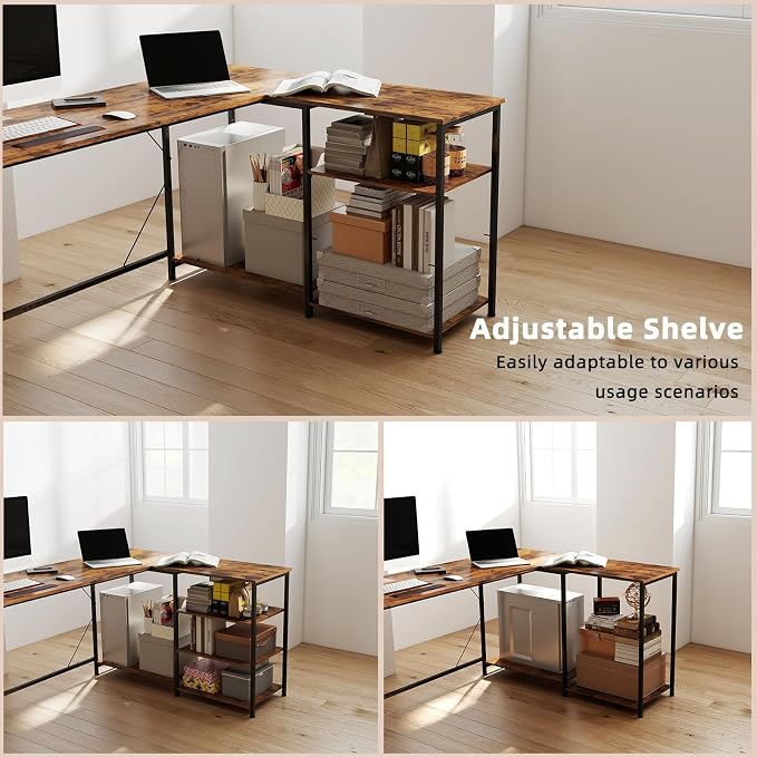 YOSHOOT 63" L Shaped Computer Desk, Gaming Desk | Office Desk with Open Shelves, Corner Desk L Shape for Home Office Work Study, Rustic Brown