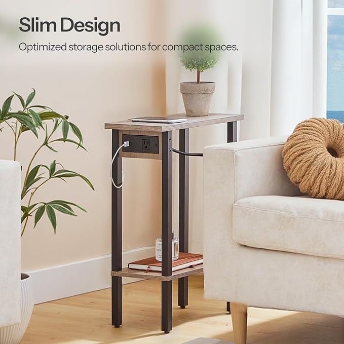 HOOBRO Narrow Side Tables, Set of 2, 2-Tier Slim End Tables with Charging Station, Skinny Nightstands with Open Storage, for Small Spaces, Living Room, Bedroom, Study,Greige and Black BG240UBZP201