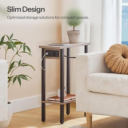 HOOBRO Narrow Side Tables, Set of 2, 2-Tier Slim End Tables with Charging Station, Skinny Nightstands with Open Storage, for Small Spaces, Living Room, Bedroom, Study,Greige and Black BG240UBZP201