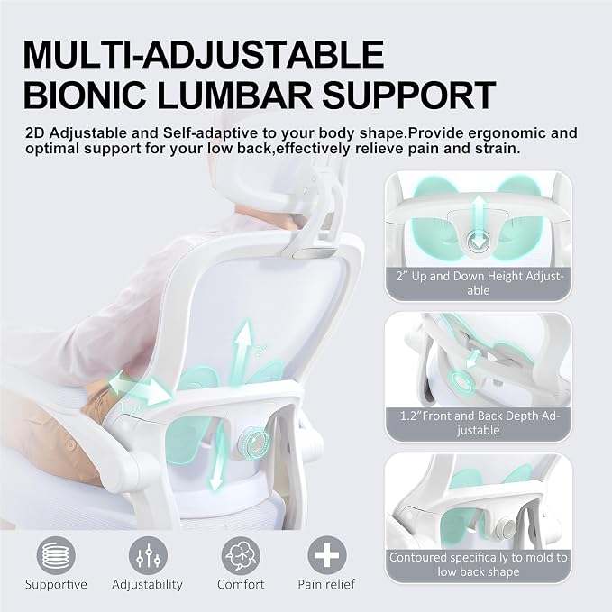 Ergonomic Office Chair,Ultra Thick Spring Cushion Desk Chair,White | Adjustable Lumbar Support and Headrest,Flip-up Arms,Rocking Function,Mesh Home Office Computer Chair