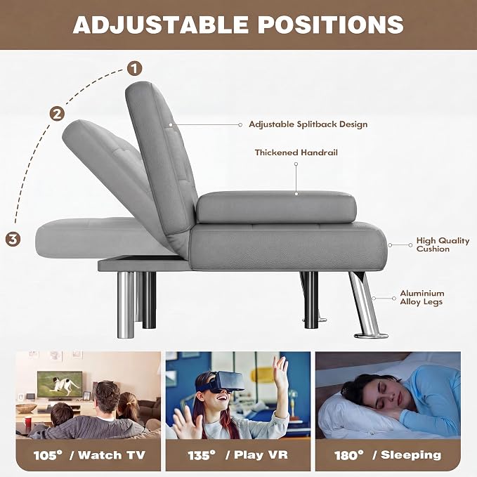 Homall Futon Sofa Bed, Leather Futon Couch with Removable Armrests, Adjustable Recliner Sleeper Sofa Bed with Dual Cup Holders for Living Room, Apartment, Office (Gray)